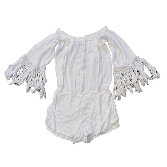 Nordstrom ELAN Romper Womens Small OffShoulder Boho Fringe Crochet Trim Jumpsuit - Picture 1 of 10